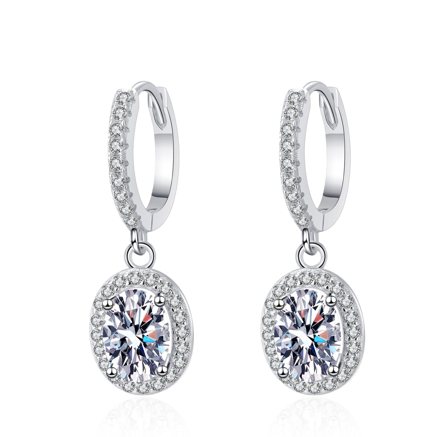 Pendientes colgantes con cierre tipo palanca y halo de talla ovalada de 1 quilate con diamantes de moissanita chapados en platino S925