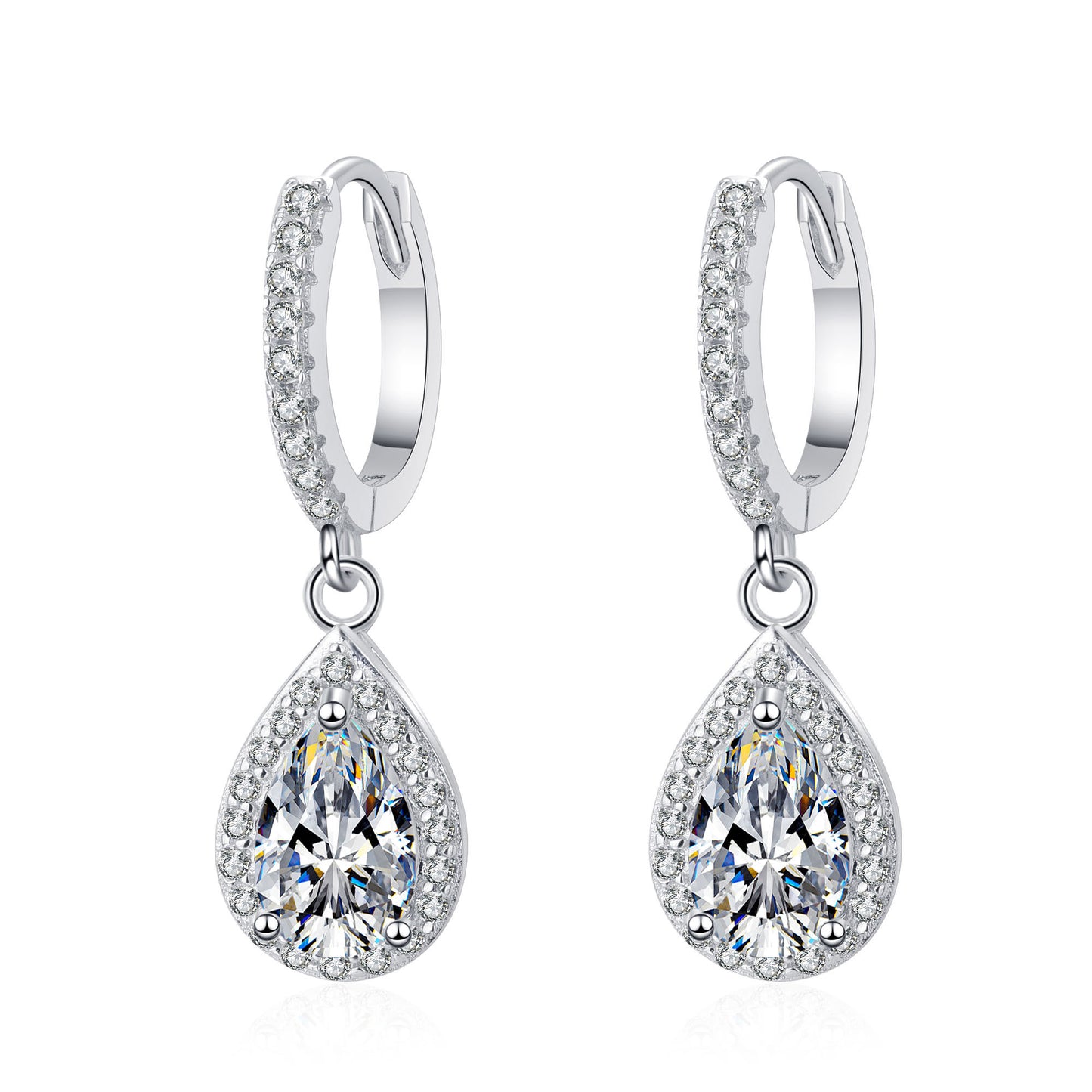 Pendientes colgantes con cierre de palanca S925 chapados en platino y diamantes de moissanita de 1 quilate con halo de talla pera