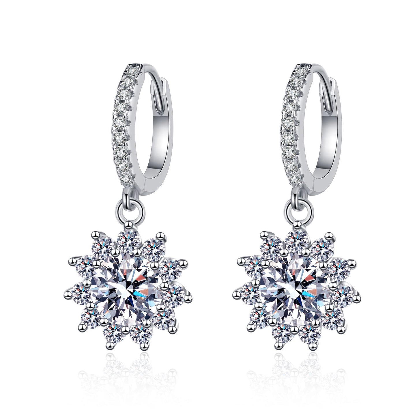 0,5/1 Karat Moissanit-Diamant im Sonnenblumen-Rundschliff, platiniert, S925-Pavé, Leverback-Ohrhänger