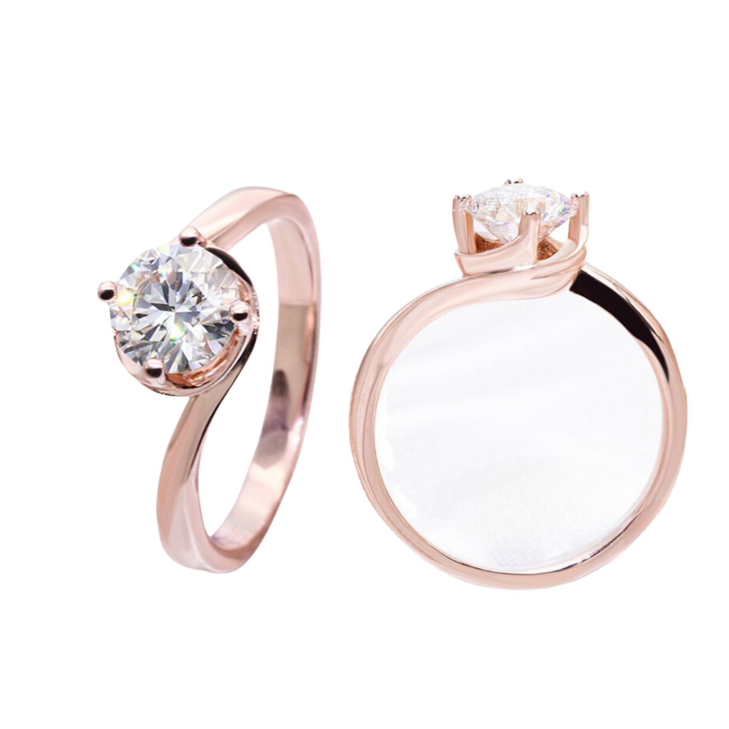 Roségold-Verlobungsring mit gedrehtem Bypass-Rundschliff, 4 Zinken und 1 Karat Moissanit-Diamant, S925-Solitär