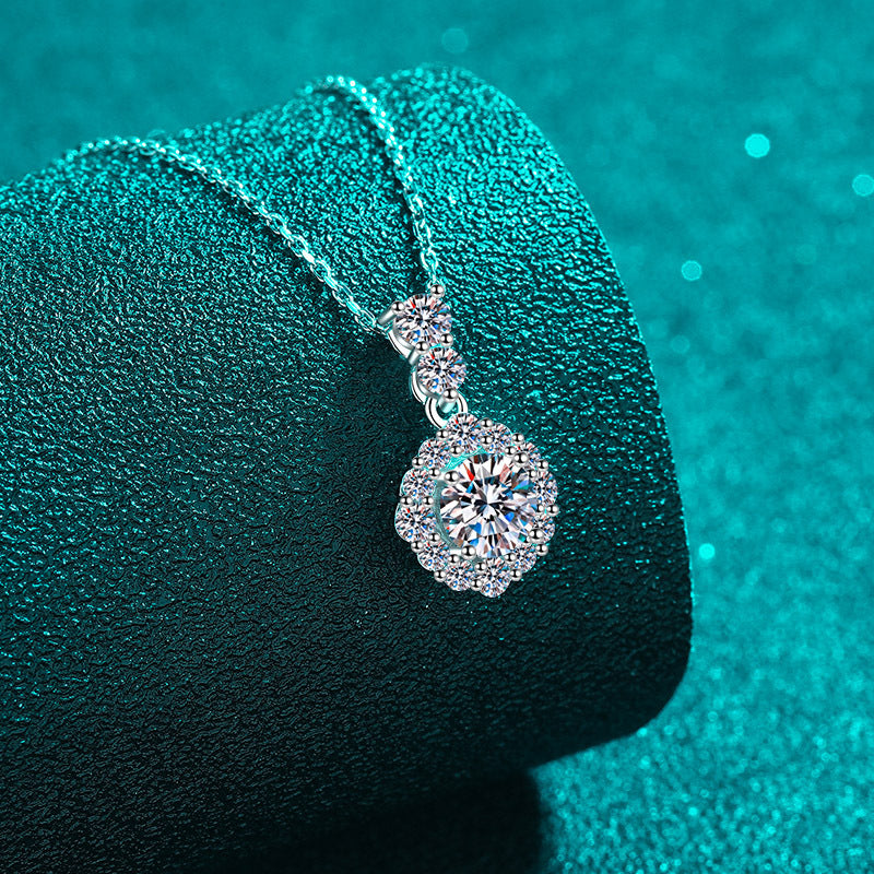 Round Halo 1 Carat Moissanite Pendant Pave Bail S925 Necklace