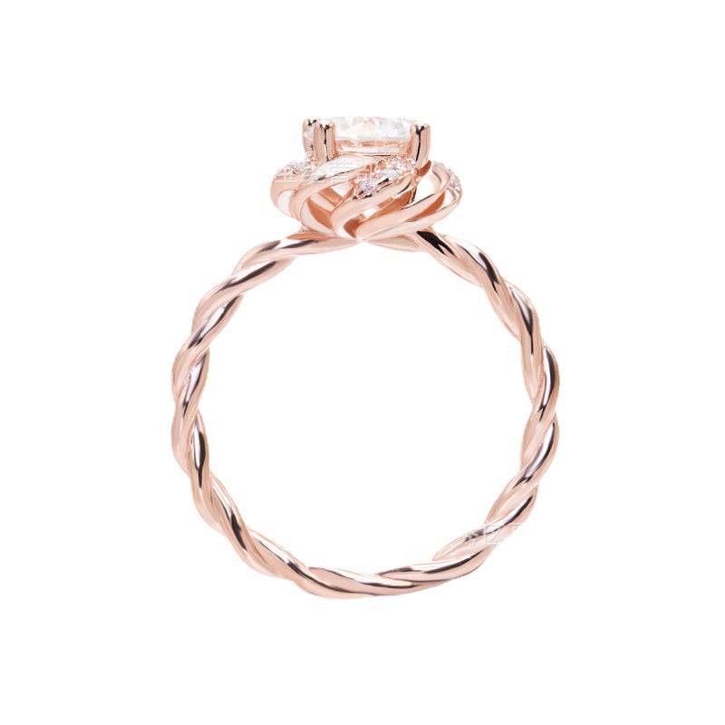 Roségold-Blumenfassung, gedrehter Schaft, runder Schliff-Solitär-1-Karat-Moissanit-Diamant-S925-Verlobungsring