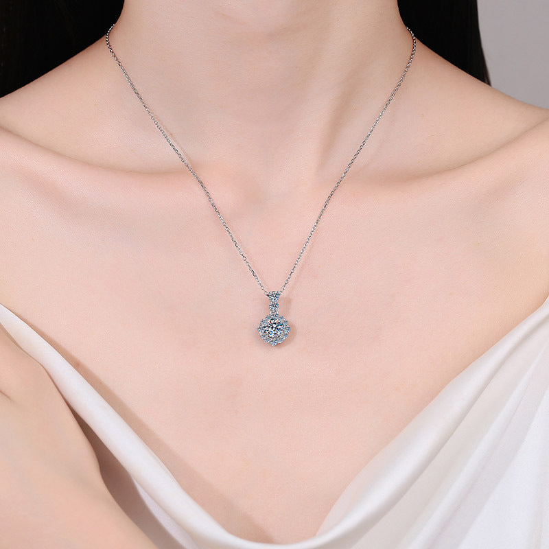 Round Halo 1 Carat Moissanite Pendant Pave Bail S925 Necklace