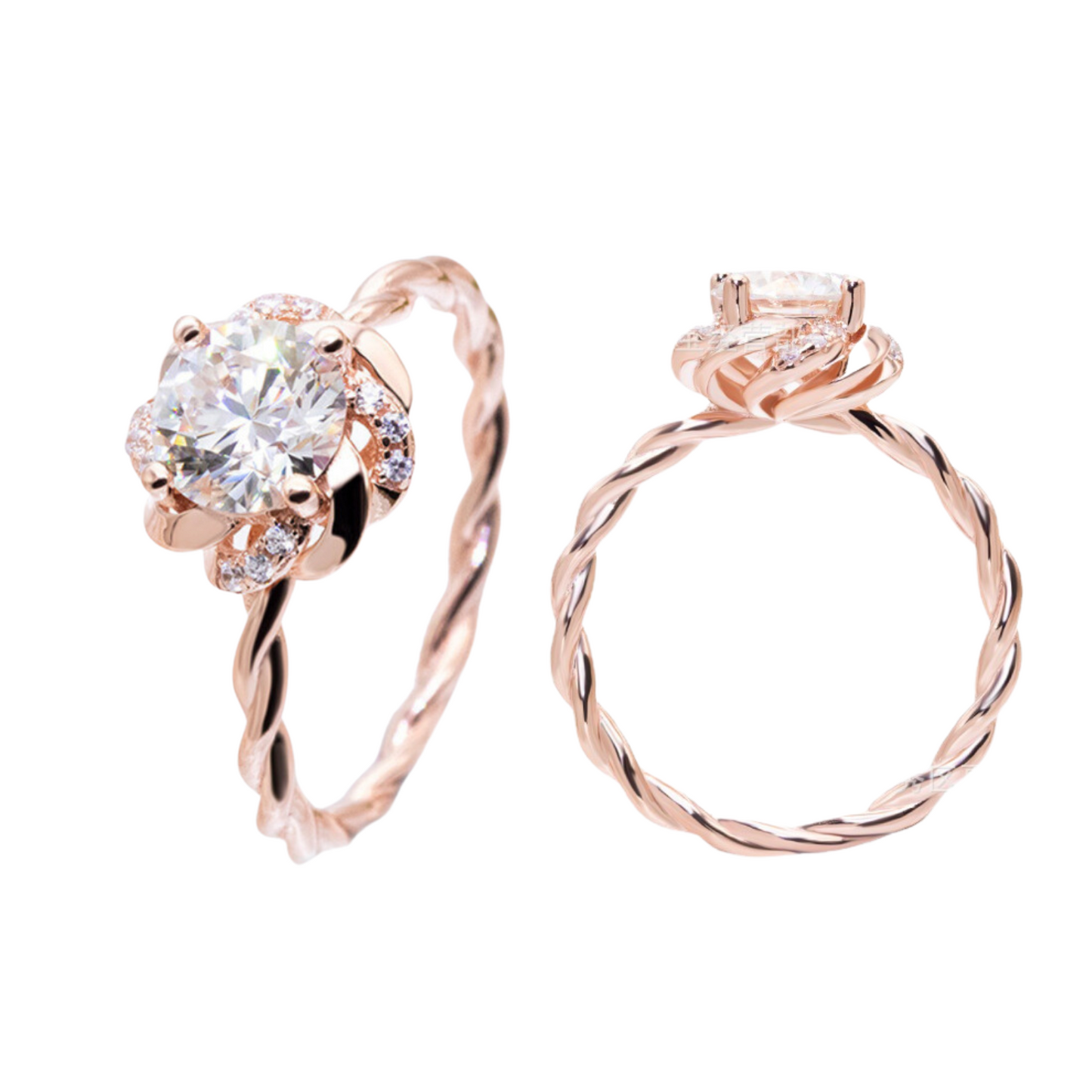 Roségold-Blumenfassung, gedrehter Schaft, runder Schliff-Solitär-1-Karat-Moissanit-Diamant-S925-Verlobungsring