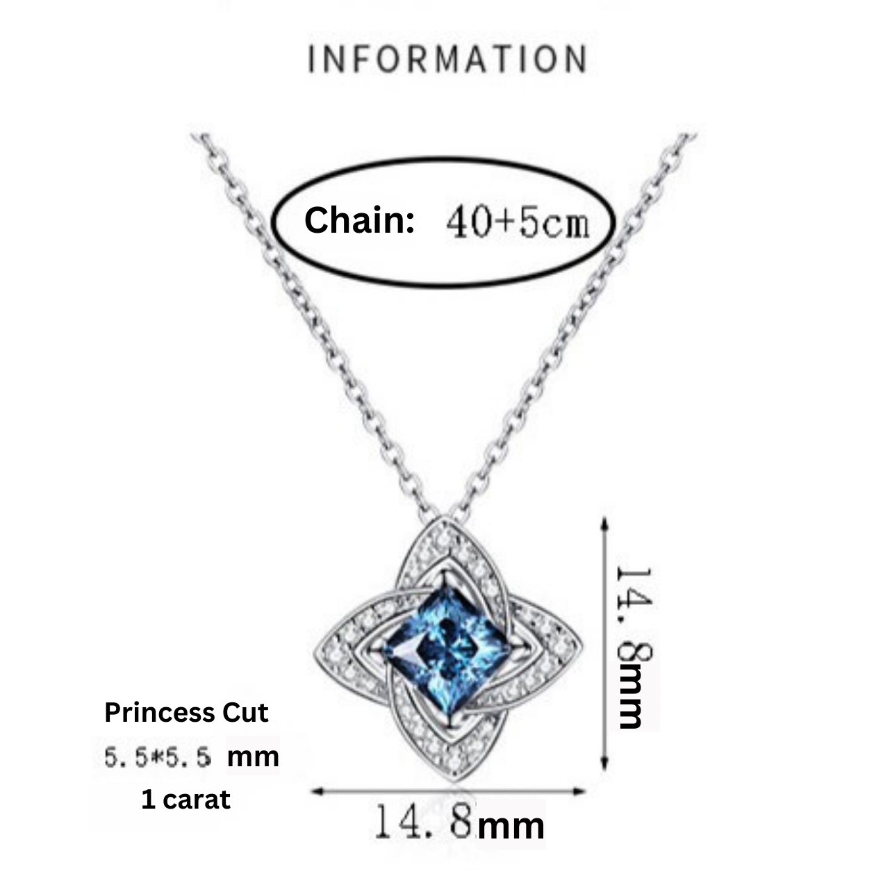 Blau/weiße vierblättrige 1-Karat-Moissanit-Halskette mit platiniertem S925-Pavé-Anhänger im Princess-Schliff