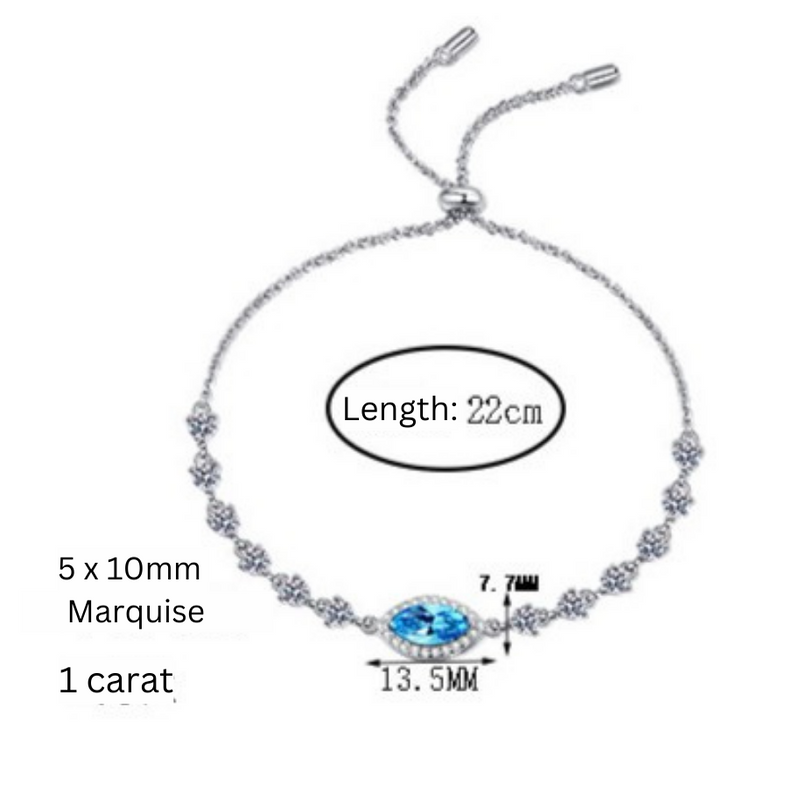 Pulsera S925 chapada en platino de moissanita de 1 quilate con halo de talla marquesa azul/blanco