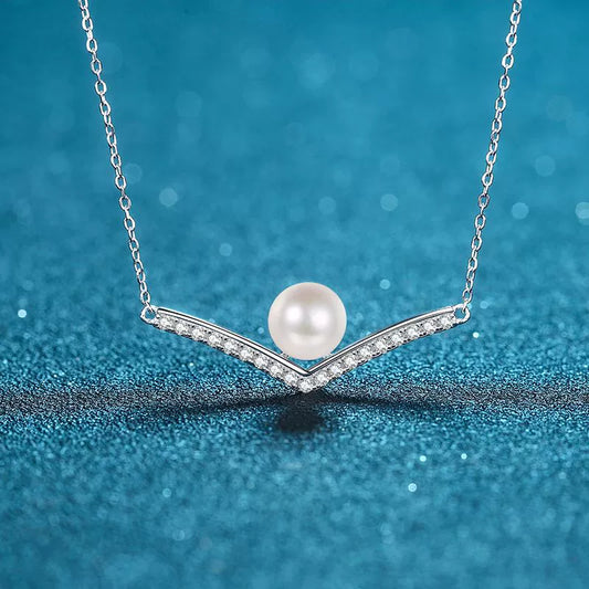 V-Shape Pearl Moissanite Pendant Necklace in S925 Sterling Silver