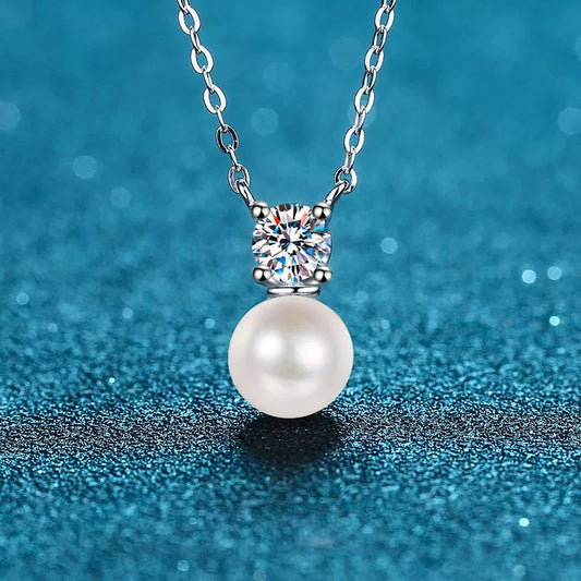 Pearl Solitaire Pendant Necklace 0.5ct Moissanite S925 Sterling Silver