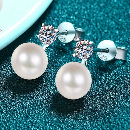 Classic Freshwater Pearl Moissanite Stud Earrings – S925 Sterling Silver
