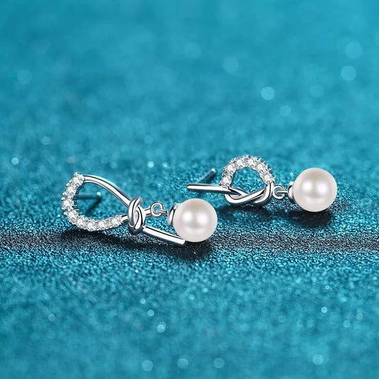 Asymmetrical Knot Curve Pearl Moissanite Drop Earrings – S925 Sterling Silver