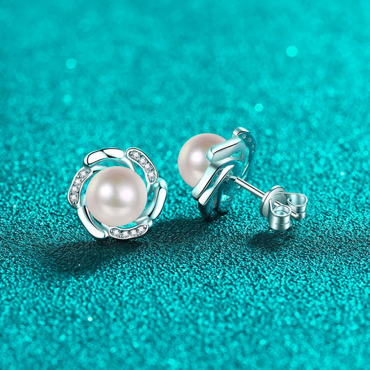 Flowing Swirl Freshwater Pearl Moissanite Stud Earrings – S925 Sterling Silver