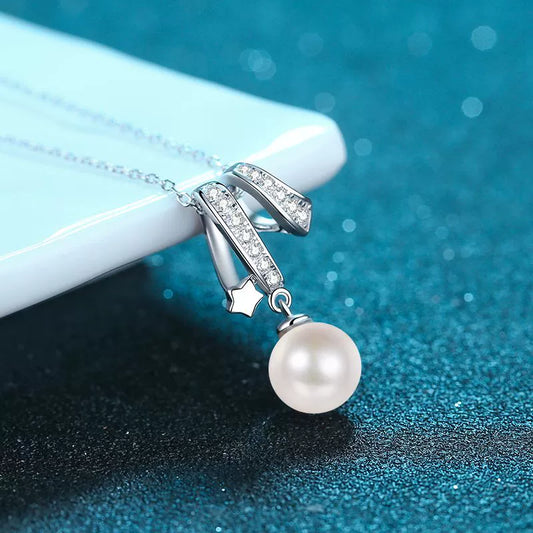 Aurora Star Pearl Drop Necklace - Moissanite Accent in Sterling Silver