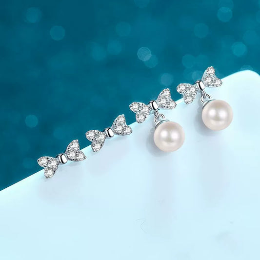 Sparkling Bow Freshwater Pearl Moissanite Stud Earrings – S925 Sterling Silver