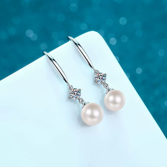 Minimal Hook Freshwater Pearl Moissanite Drop Earrings – S925 Sterling Silver