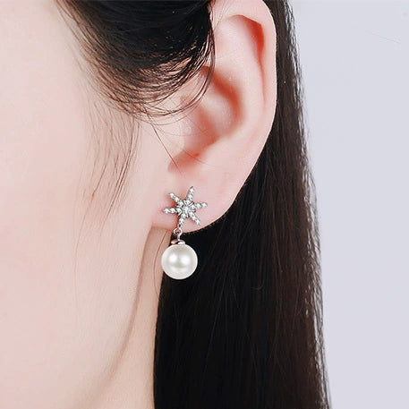 Phoebe Snowflake Pearl & Moissanite Drop Earrings — Moisza