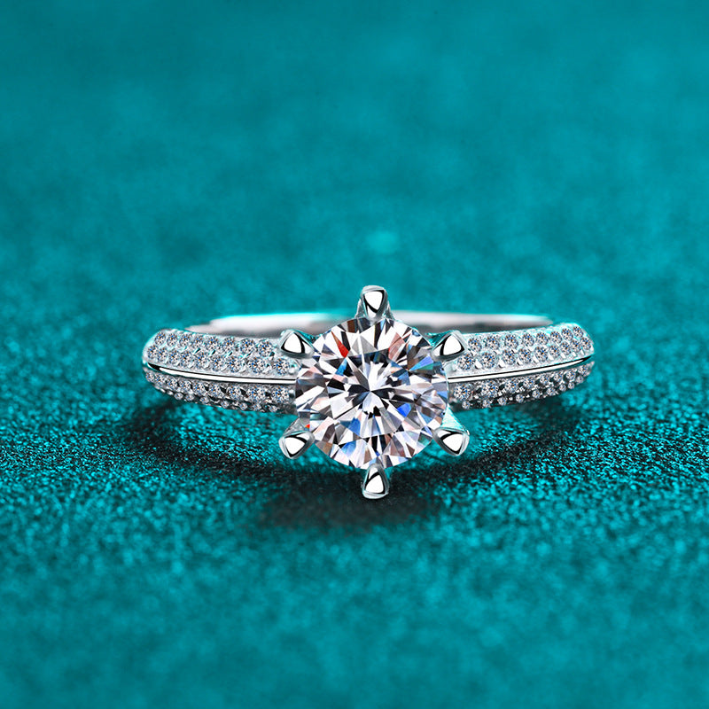 Pave T-Style Setting Round Cut Solitaire 1 /1.5/ 2 Carat Moissanite Platinum-Plated S925 Engagement Ring