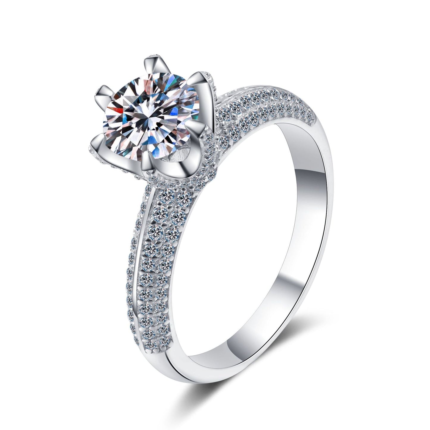 Pave T-Style Setting Round Cut Solitaire 1 /1.5/ 2 Carat Moissanite Platinum-Plated S925 Engagement Ring