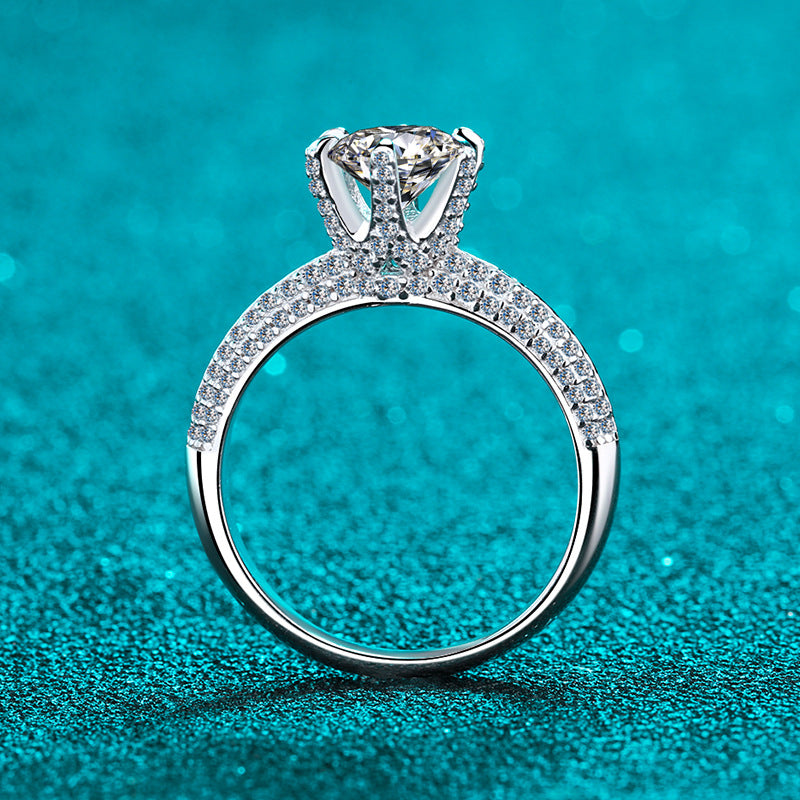 Pave T-Style Setting Round Cut Solitaire 1 /1.5/ 2 Carat Moissanite Platinum-Plated S925 Engagement Ring