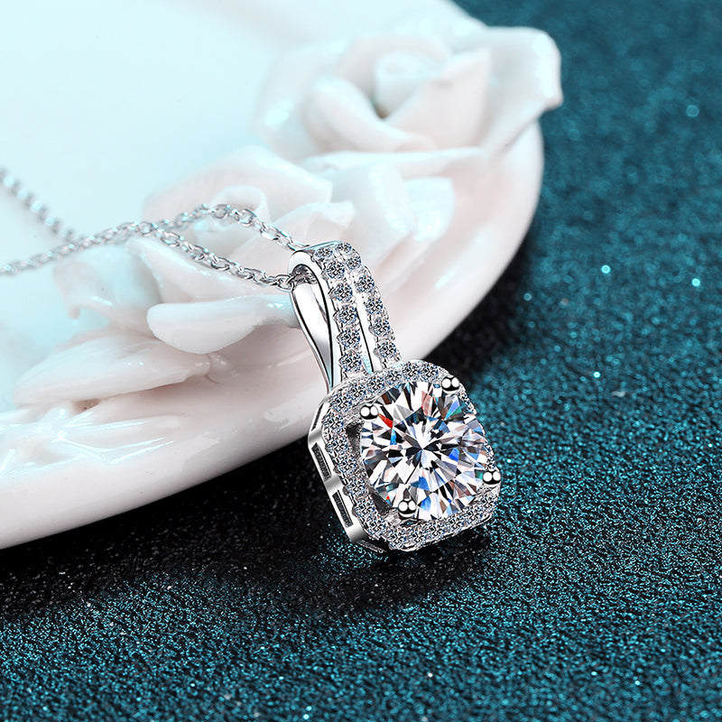 Square Halo 0.5/1/2ct Platinum Plated S925 Moissanite Diamond Pendant Necklace with Pave Bail, Gift for Her, Gift for Girlfriend, girl, Gift for Women, Gift for Mother, Mom, Mum, gift for wife, for lover, Birthday, Valentine’s Day, Mother’s Day, Graduation Day, Wedding, Bridal Necklace, Wedding Necklace, Wedding jewelry, Anniversary, Christmas Present, Gift, GRA Certificate, free gift box