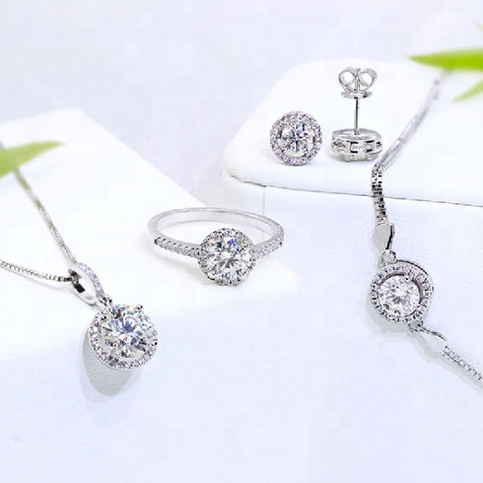 Round Halo 0.5ct Moissanite jewelry set, Wedding Day, bracelet, earrings, necklace, Engagement Ring, Wedding Ring, Promise Ring, Gift for Her, Gift for Girlfriend, girl, Gift for Women, Gift for Mother, for wife, Valentine’s Day, Mother’s Day,