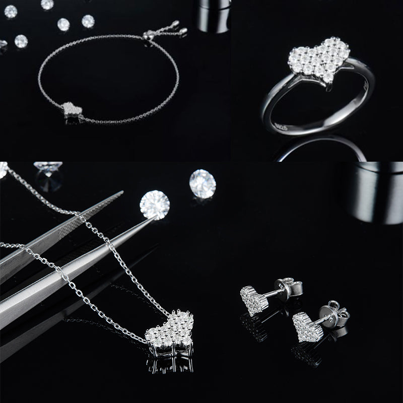 Heart-Shaped Jewelry Set, Ring, Earrings, Necklace, Bracelet, Engagement Ring, heart, heart shape,  Promise Ring, Gift for Her, Gift for Girlfriend, girl, gift for lover, wife, Gift for Women, Gift for Mother, Mom, Mum, Valentine’s Day, Mother’s Day, Birthday, anniversary, graduation day, Cluster ring, Moissanite Diamond Ring S925 Sterling Silver, GRA Certificate, gift box