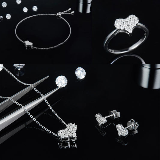 Heart-Shaped Jewelry Set, Ring, Earrings, Necklace, Bracelet, Engagement Ring, heart, heart shape,  Promise Ring, Gift for Her, Gift for Girlfriend, girl, gift for lover, wife, Gift for Women, Gift for Mother, Mom, Mum, Valentine’s Day, Mother’s Day, Birthday, anniversary, graduation day, Cluster ring, Moissanite Diamond Ring S925 Sterling Silver, GRA Certificate, gift box
