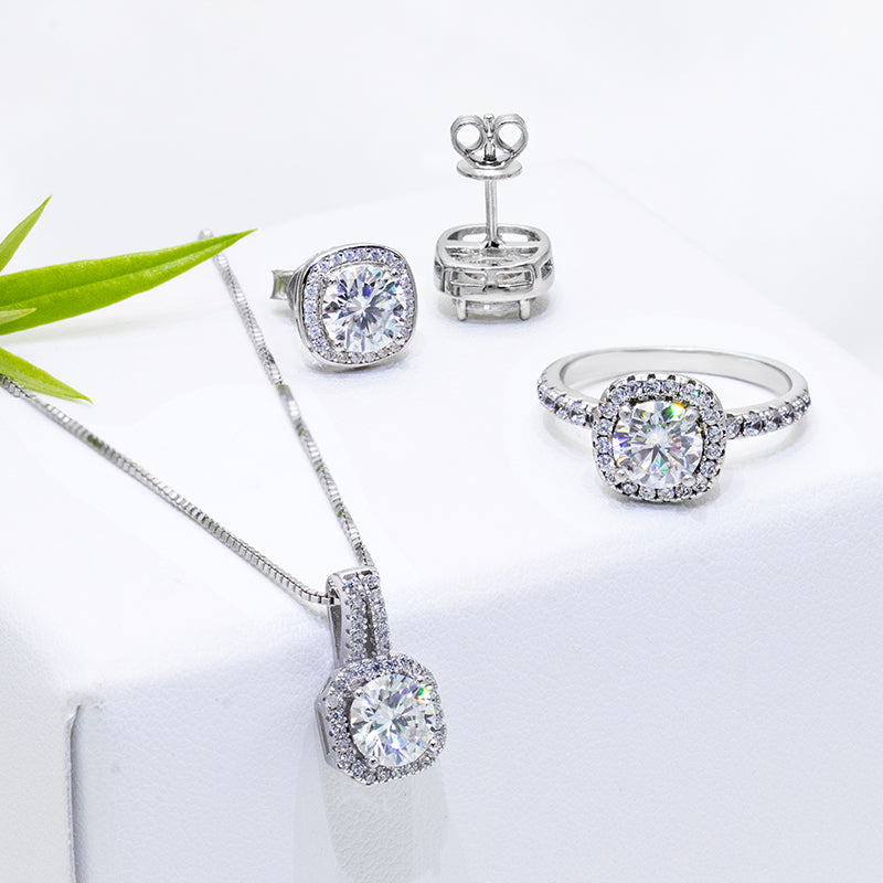 Square Halo Moissanite jewelry set, Wedding Day, bracelet, earrings, necklace, Engagement Ring, Wedding Ring, Promise Ring, Gift for Her, Gift for Girlfriend, girl, Gift for Women, Gift for Mother, for wife, Valentine’s Day, Mother’s Day,  Classic Cluster 0.5ct