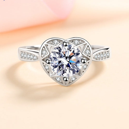 Helia Heart Design Pavé Solitaire Round 1 Carat Moissanite Engagement Ring — Moisza