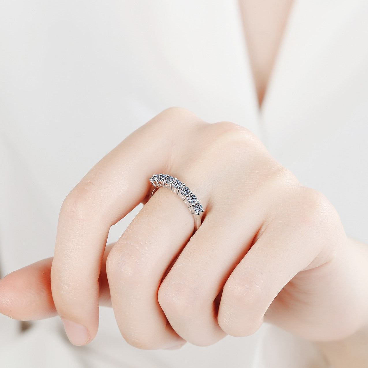 Engagement Ring, Wedding Ring, Promise Ring, Gift for Her, Gift for Women, Gift for Mother, Mom, Mum, Valentine’s Day, Mother’s Day, Stackable S925 Seven-stone Moissanite Diamond Eternity Band with Certificate, Gift for Girl, Girlfriend