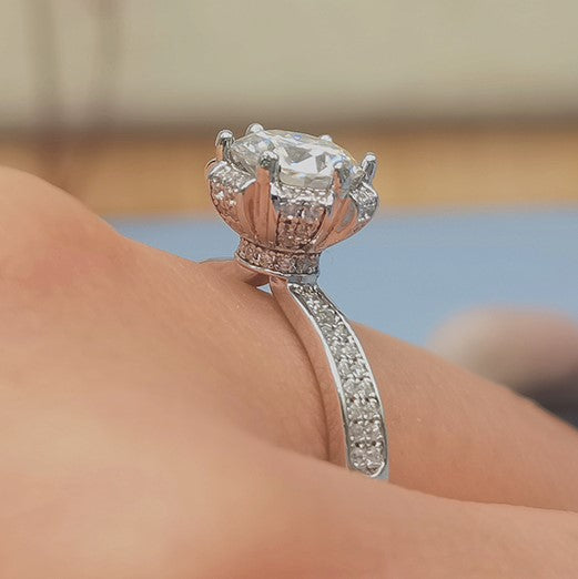 Romantic S925 1ct VVS Moissanite Flower Ring on Pave Band