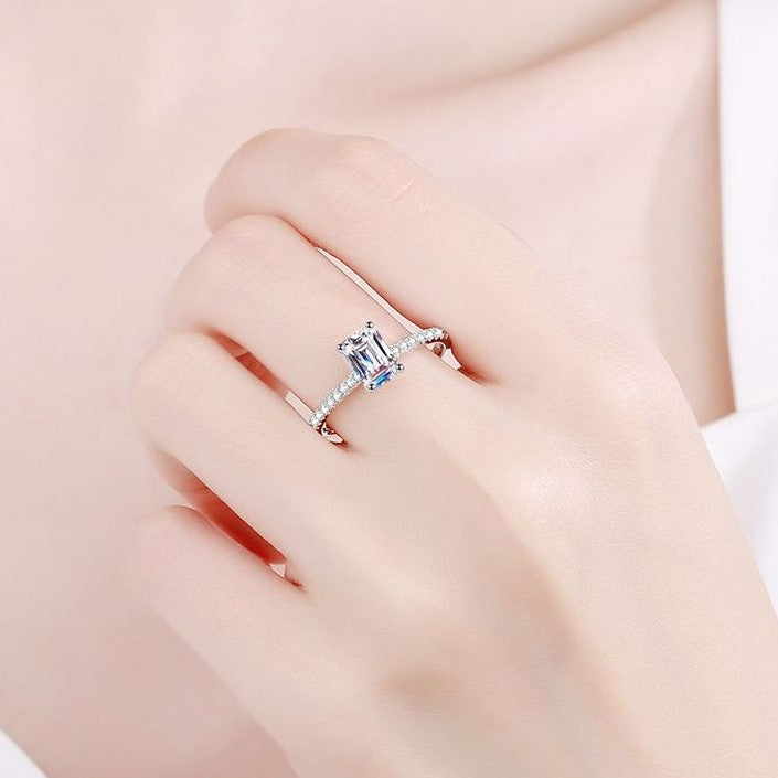 Emerald/Radiant Cut Pave Solitaire 1 / 2 Carat Moissanite S925 Engagement Ring