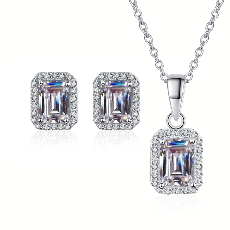Emerald Cut Halo 1 Carat Moissanite 3-Piece S925 Jewelry Set (Stud Earrings and Necklace)