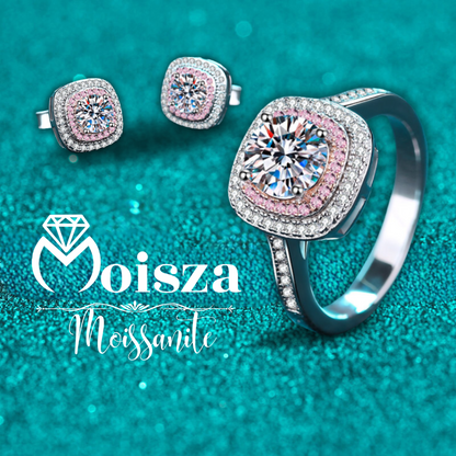 Double Square Round Cut Pink Halo 0.5 / 1 Carat Moissanite 4-Piece S925 Jewelry Set (Ring, Earrings, Necklace)