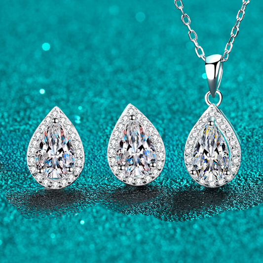 Pear Cut Halo 1 Carat Moissanite 3-Piece S925 Jewelry Set (Stud Earrings and Necklace)