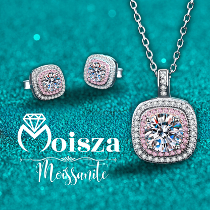 Double Square Round Cut Pink Halo 0.5 / 1 Carat Moissanite 4-Piece S925 Jewelry Set (Ring, Earrings, Necklace)