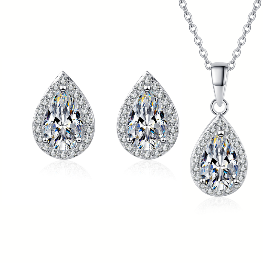 Pear Cut Halo 1 Carat Moissanite 3-Piece S925 Jewelry Set (Stud Earrings and Necklace)