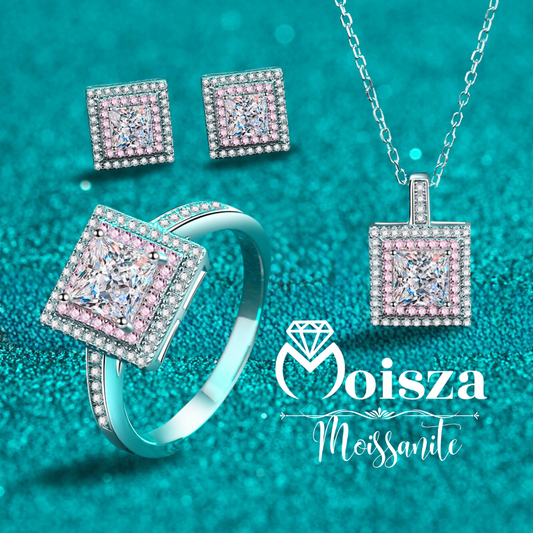 Princess Cut Pink Double Halo 0.6 / 1 Carat Moissanite 4-Piece S925 Jewelry Set (Ring, Earrings, Necklace)