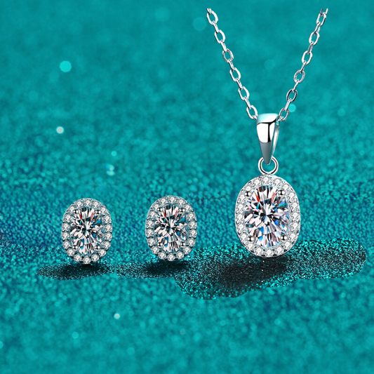 Oval Cut Halo 0.5 / 1 Carat Moissanite 3-Piece S925 Jewelry Set (Stud Earrings and Necklace)