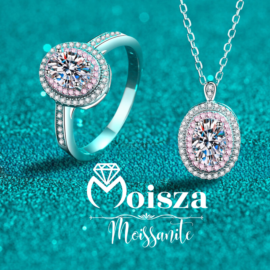 Oval Cut Pink Double Halo 0.5 / 1 Carat Moissanite 4-Piece S925 Jewelry Set (Ring, Earrings, Necklace)