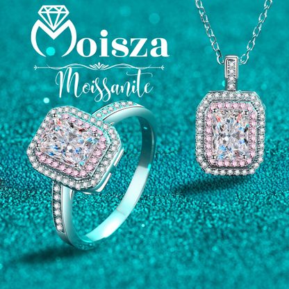 Emerald/Radiant Cut Pink Double Halo 0.5 / 1 Carat Moissanite 4-Piece S925 Jewelry Set (Ring, Earrings, Necklace)