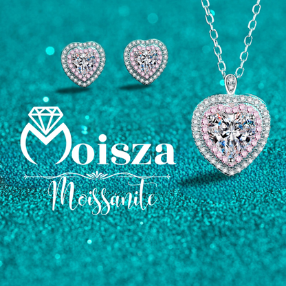 Heart-Shaped Pink Double Halo 0.5 / 1 Carat Moissanite 4-Piece S925 Jewelry Set (Ring, Earrings, Necklace)