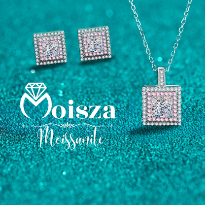 Princess Cut Pink Double Halo 0.6 / 1 Carat Moissanite 4-Piece S925 Jewelry Set (Ring, Earrings, Necklace)