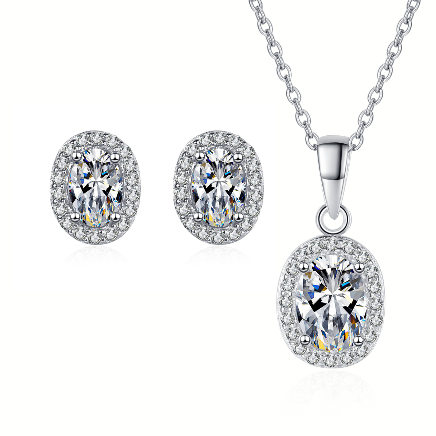 Oval Cut Halo 0.5 / 1 Carat Moissanite 3-Piece S925 Jewelry Set (Stud Earrings and Necklace)