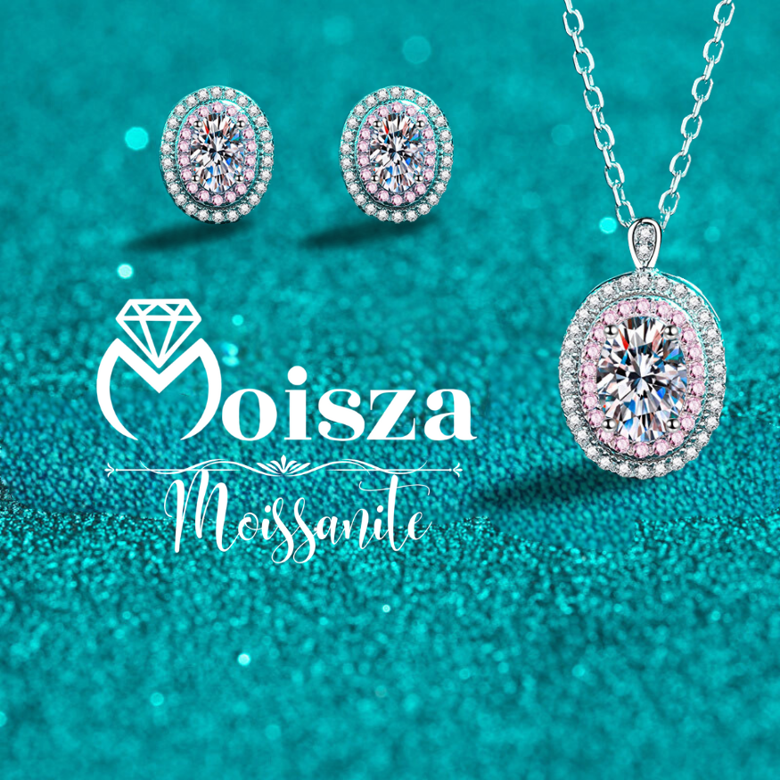 Oval Cut Pink Double Halo 0.5 / 1 Carat Moissanite 4-Piece S925 Jewelry Set (Ring, Earrings, Necklace)