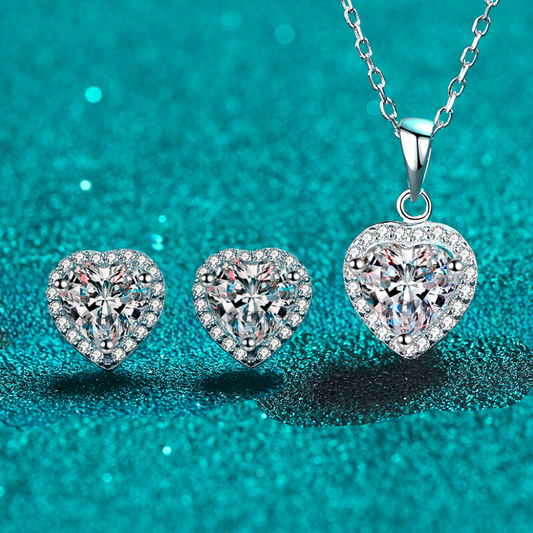 Heart-Shaped Halo 0.5 / 1 Carat Moissanite 3-Piece S925 Jewelry Set (Stud Earrings and Necklace)