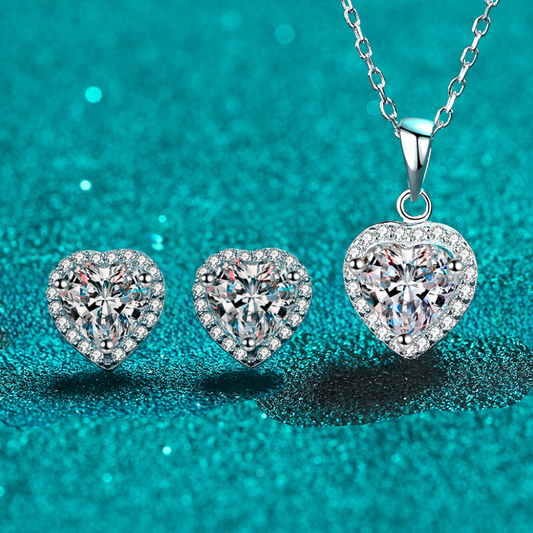 Conjunto de joyería S925 de 3 piezas de moissanita con halo en forma de corazón de 0,5/1 quilate (pendientes y collar) 