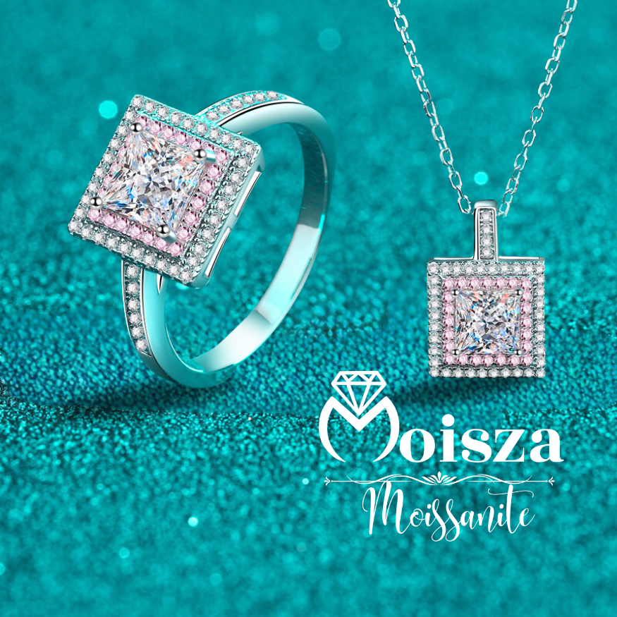 Princess Cut Pink Double Halo 0.6 / 1 Carat Moissanite 4-Piece S925 Jewelry Set (Ring, Earrings, Necklace)