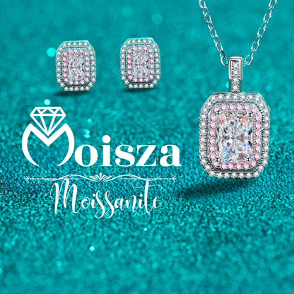 Emerald/Radiant Cut Pink Double Halo 0.5 / 1 Carat Moissanite 4-Piece S925 Jewelry Set (Ring, Earrings, Necklace)