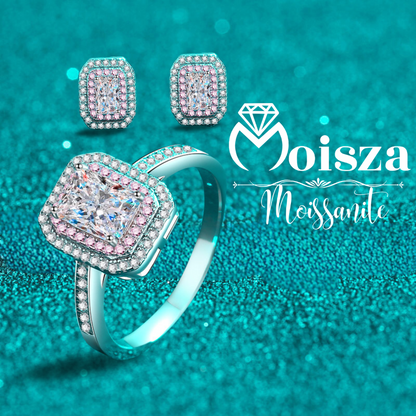 Emerald/Radiant Cut Pink Double Halo 0.5 / 1 Carat Moissanite 4-Piece S925 Jewelry Set (Ring, Earrings, Necklace)