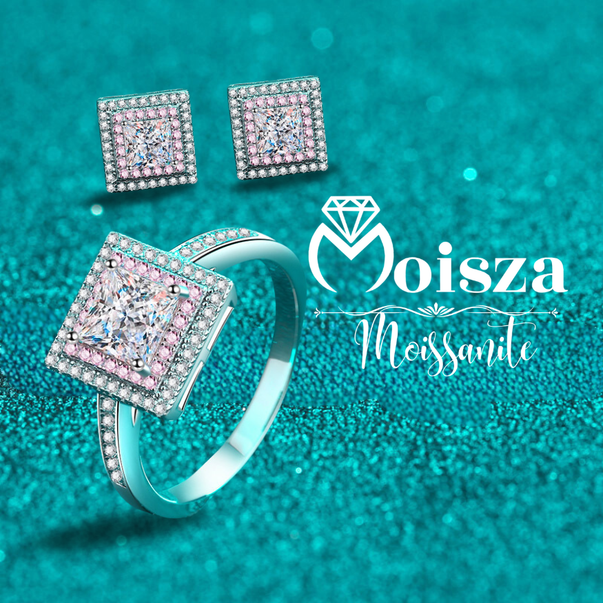 Conjunto de joyería S925 de 4 piezas de moissanita de 0,6/1 quilate con doble halo rosa de talla princesa (anillo, pendientes, collar) 